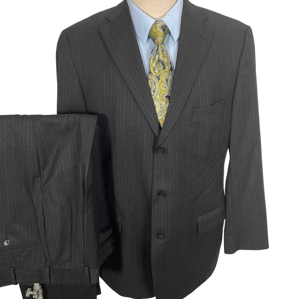 Tom‎ James Suit Mens 42L 34W 30L Black Blue Pinstripe 2 Button Business Formal